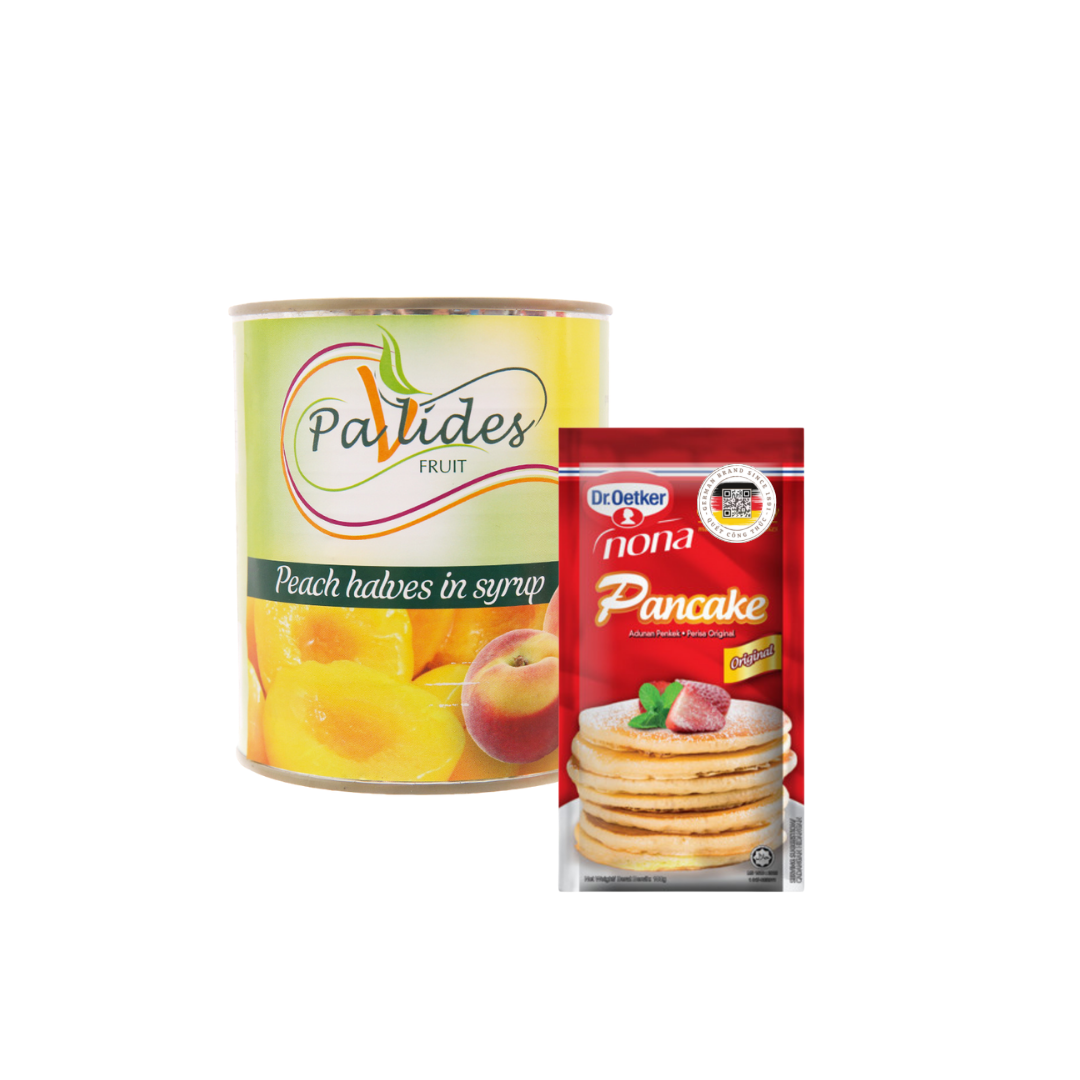 COMBO 1 Hộp Bột Làm Bánh Rán Pha Sẵn Dr. Oetker 100g + 1 Lon Đào Ngâm Đường Pavlides 820g