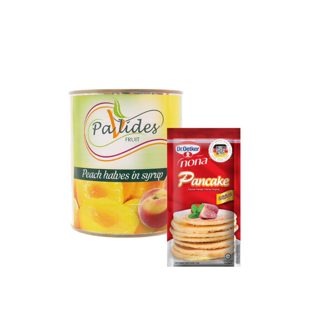 COMBO 1 Hộp Bột Làm Bánh Rán (Pancake) Pha Sẵn Dr. Oetker 100g + 1 Lon Đào Ngâm Đường Pavlides 820g