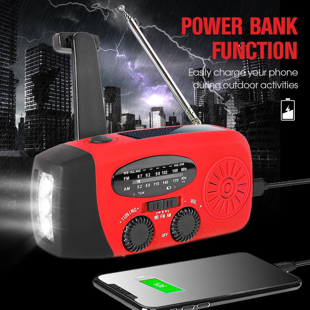 Đài phát thanh khẩn cấp Mặt trời hỗ trợ tay quay Đài cảnh báo thời tiết FM / AM với chức năng dự trữ năng lượng ánh sáng LED