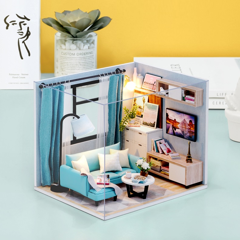 Mô hình nhà DIY Doll House Corner of Living Room Kèm Đèn LED và MICA chống bụi