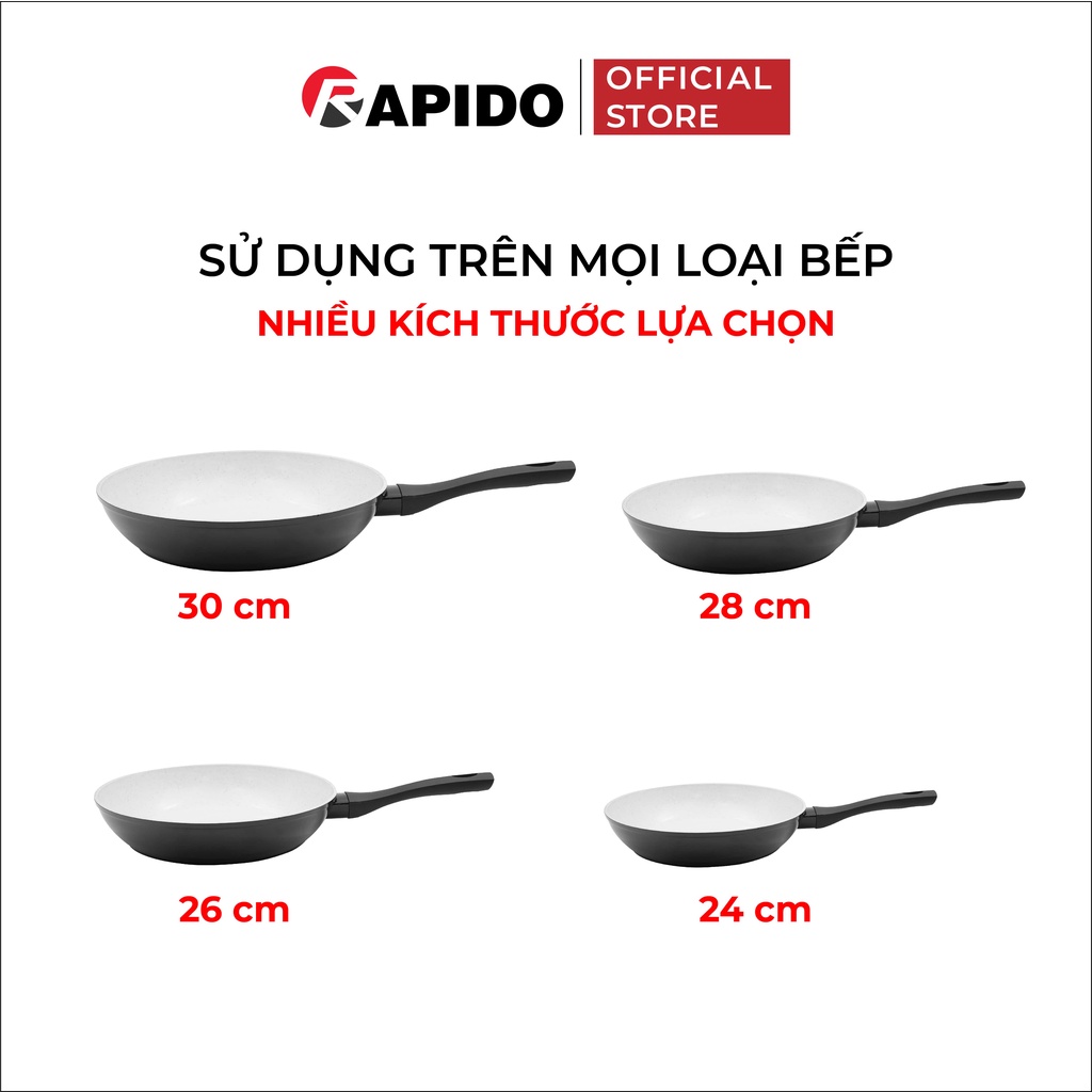 Chảo từ chống dính Rapido, chảo xào vân đá size 24-30cm dùng bếp từ, gas, hồng ngoại - Hàng chính hãng