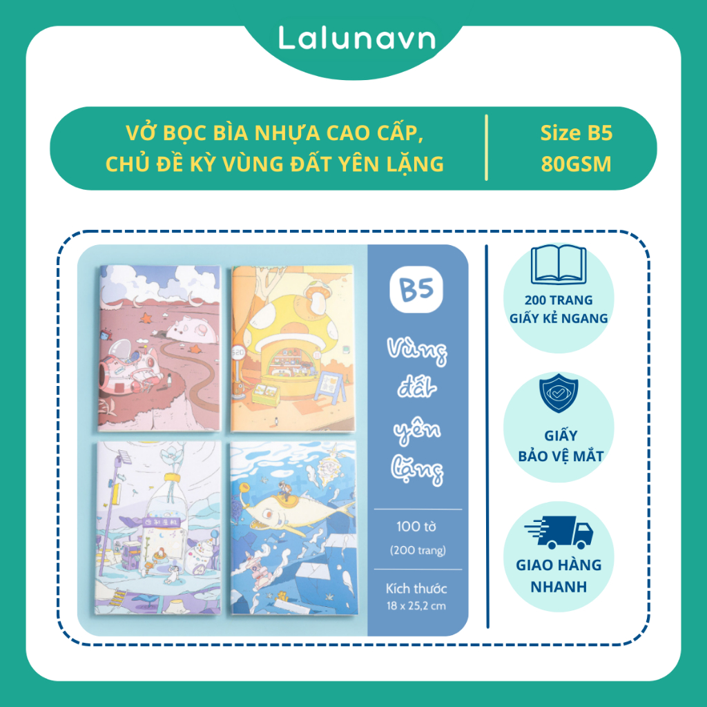 Sổ ghi chép bìa nhựa cao cấp, vở phong cách dễ thương chủ đề Vùng đất yên lặng size B5 Lalunavn B178