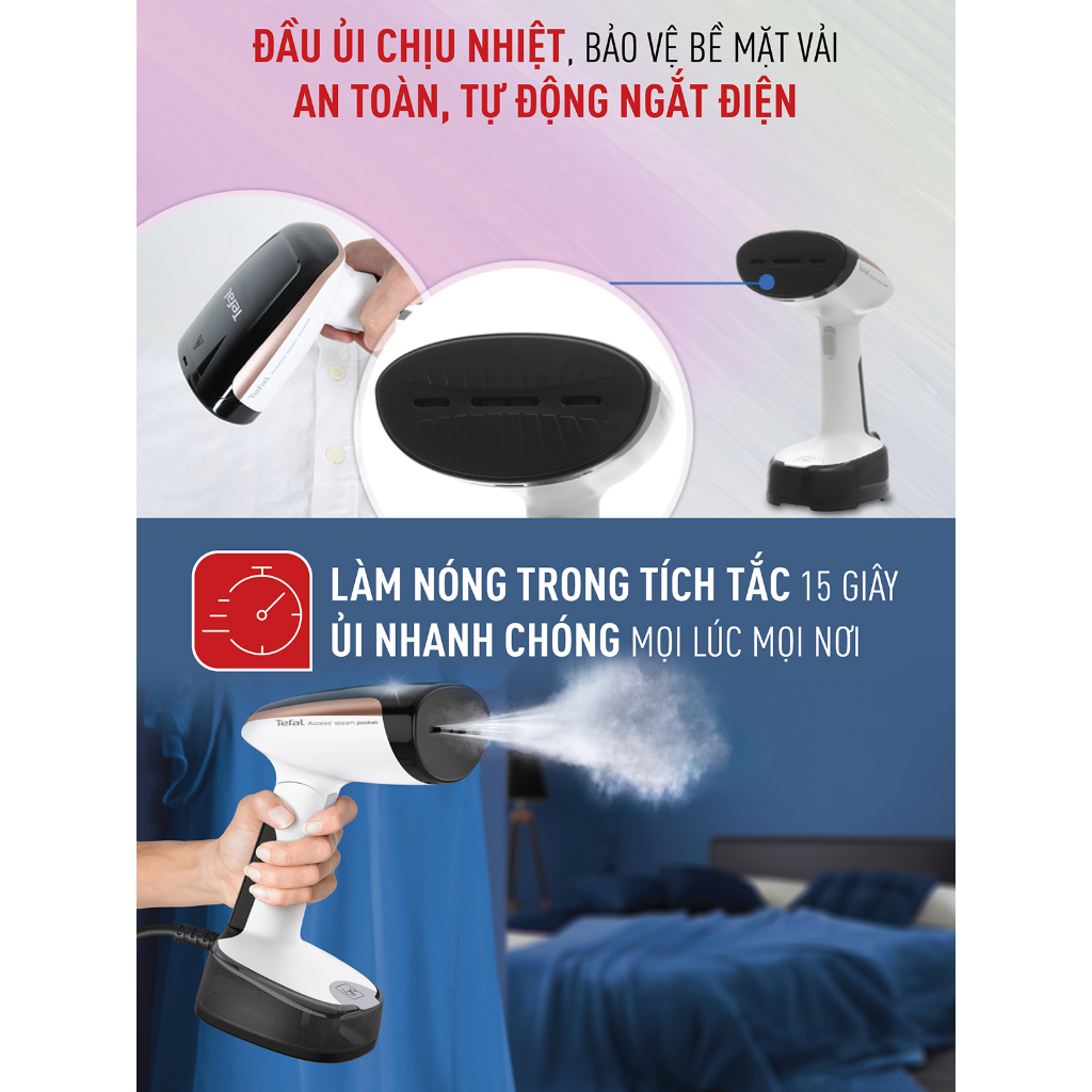 Bàn là cầm tay Tefal DT3030E0, Công suất 1300W, Dung tích bình nước 120ml, Có thể gấp gọn, tự ngắt khi quá nhiệt, Hàng chính hãng - Bảo hành 24 tháng