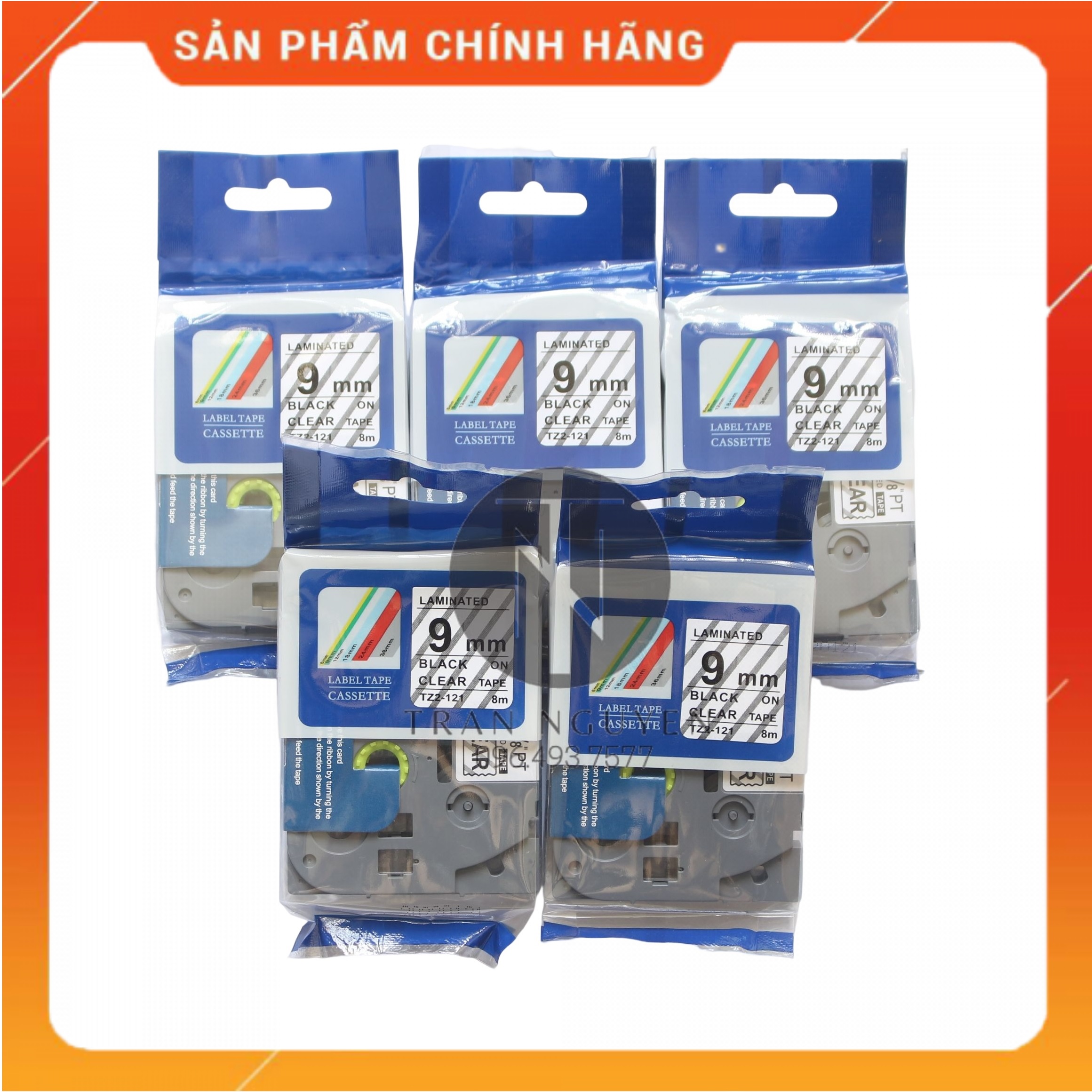 Nhãn In Brother Tz2-121 Đen nền trong 9mm x 8m - Hàng nhập khẩu