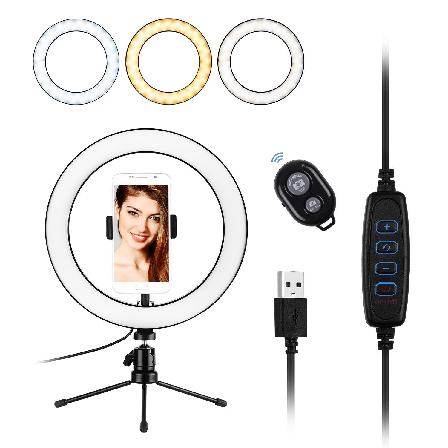 Đèn LED vòng 10 inch Chụp ảnh 3 chế độ chiếu sáng USB có thể điều chỉnh Được hỗ trợ với giá đỡ điện thoại Máy tính để bàn mini