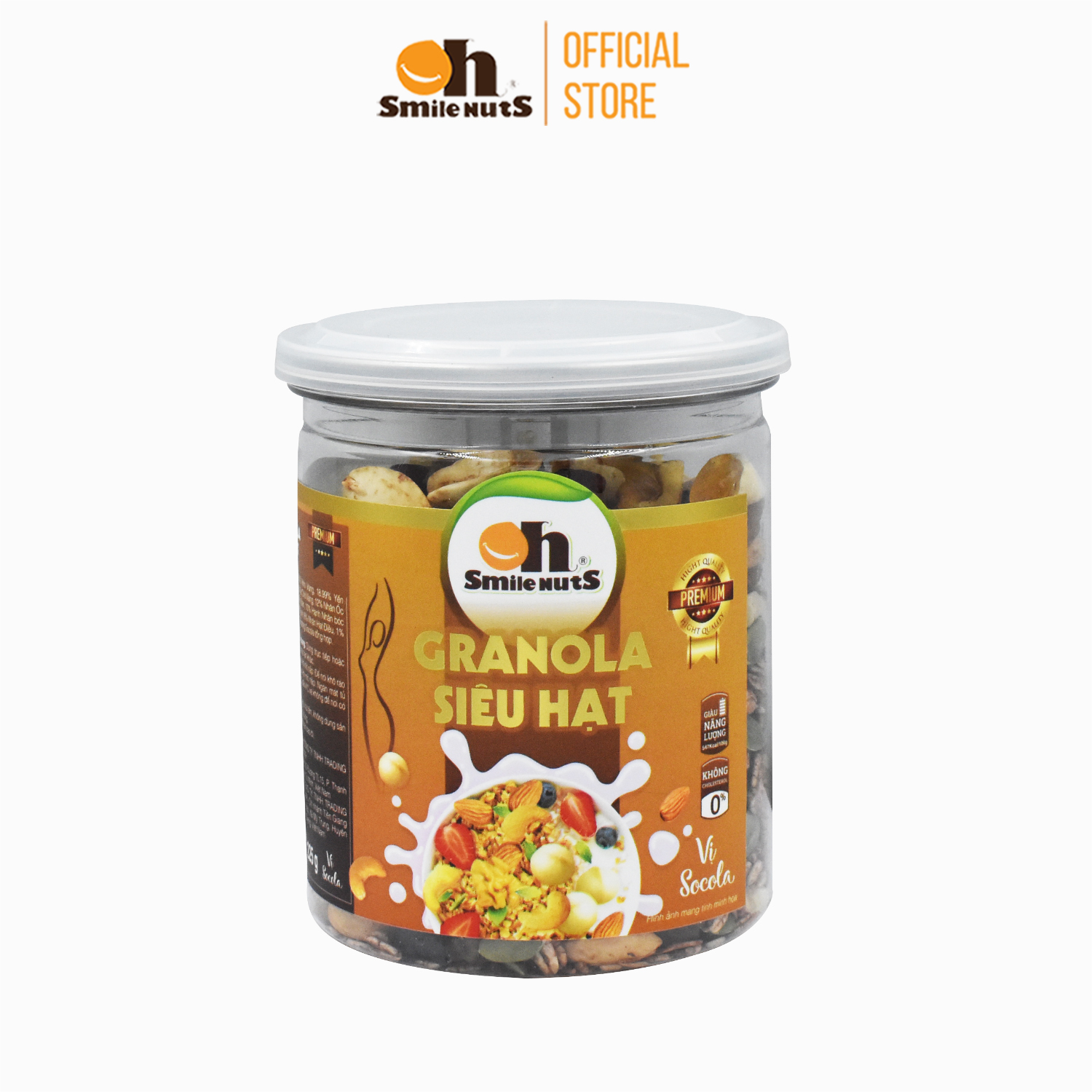 Granola ăn kiêng Siêu Hạt Smilenuts vị Socola hủ 225g - Gồm Hạnh Nhân bóc vỏ, Nho khô, Óc Chó, Yến Mạch, Hạt điều, Nhân bí xanh và Mật ong _ Ngũ cốc ăn kiêng Siêu hạt vị Socola