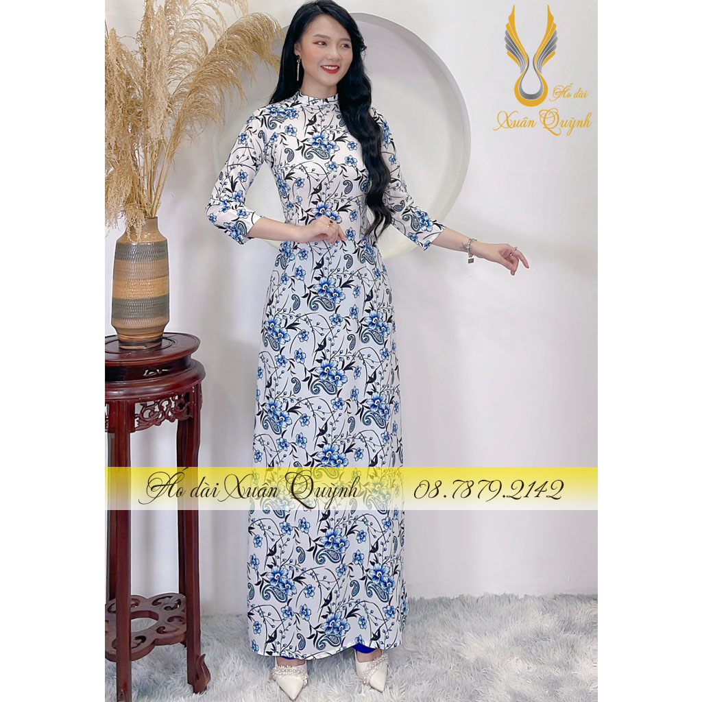 Áo Dài Truyền Thống Hoa Nhí Xanh Cô Ban Thanh Lịch, Duyên Dáng Lụa Habutai Cao Cấp K61