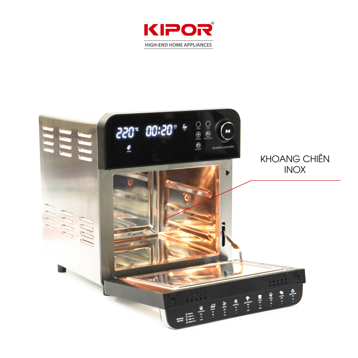 Nồi chiên không dầu KIPOR KP-AF657 - 15L - Lò nướng điển tử công nghệ RAPID AIR nhiệt tối đa 230 độ lòng nồi inox 304- Hàng chính hãng