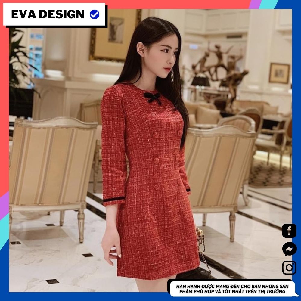 VÁY DẠ TWEED CAO CẤP MÀU ĐỎ ĐÍNH NƠ DUYÊN DÁNG