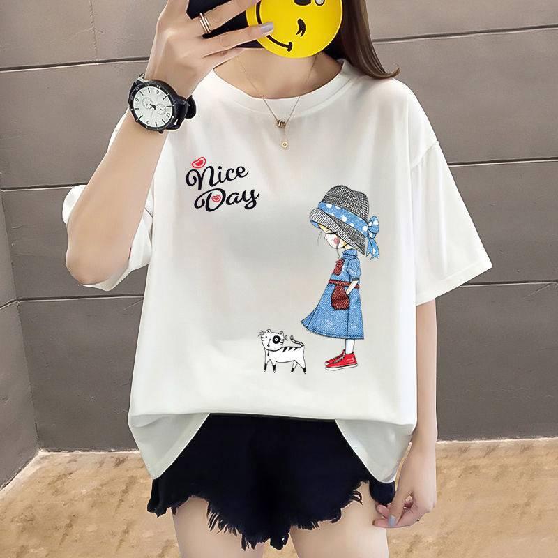 Áo phông tay lỡ, chất liệu thun cotton co giãn, áo unisex in hình cô gái, chữ Nice Day, Áo thun nam nữ form rộng