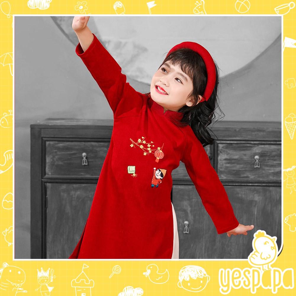 Áo dài bé gái truyền thống đỏ thêu tay kèm quần và mấn vải nhung mềm mại MamLa