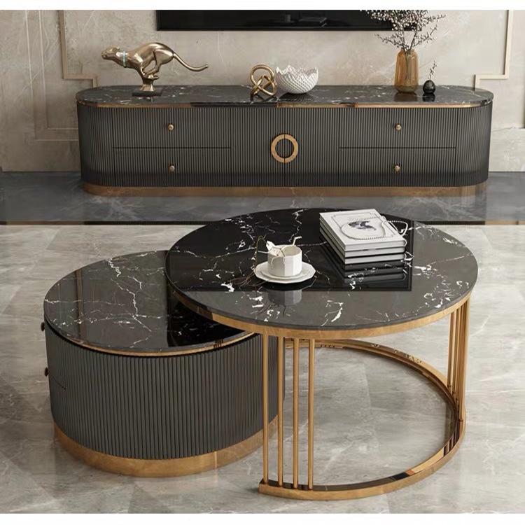 Bộ bàn trà đôi hai ngăn kéo, bàn sofa mặt đá CERAMIC chân INOX, nội thất phòng khách hiện phong cách bắc âu - Bảo hành 12 tháng