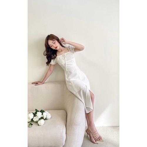 Đầm trắng xẻ dài qua gối xếp li ngực REVERCLOTHINGS Lightning Dress