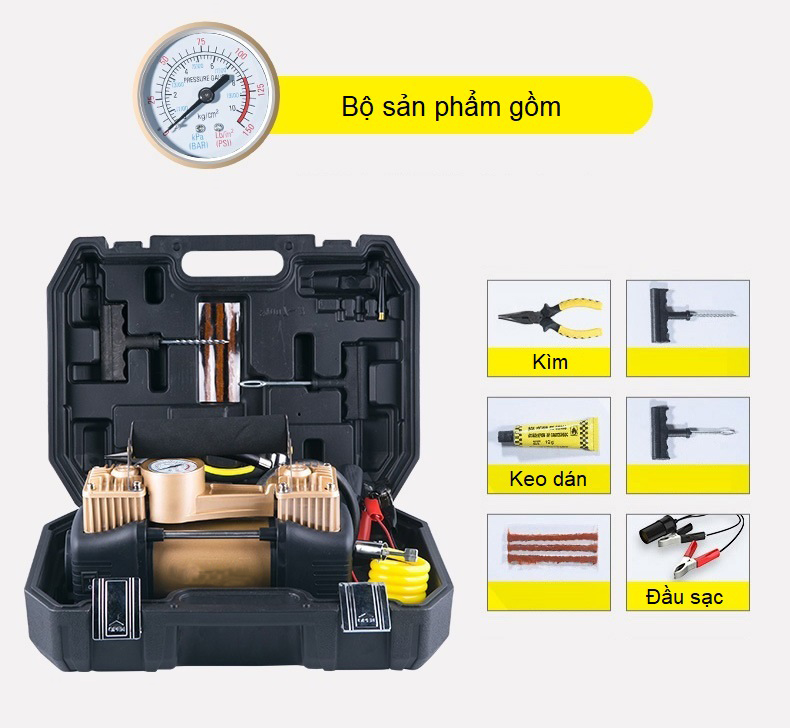Máy bơm lốp di động cầm tay trên ô tô tích hợp màn hình điện tử và đèn led chiếu sáng E211