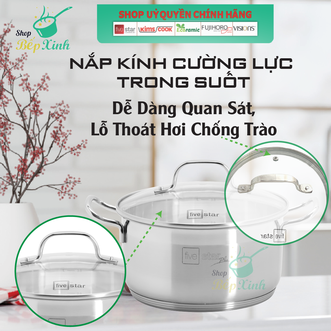 Nồi 5 đáy inox 304 bếp từ cao cấp Fivestar Plus nắp kính , dùng tốt mọi bếp , size 16/18/20/24cm - Shop Bếp Xinh