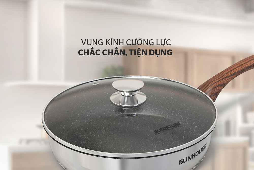 Chảo inox 304 5 đáy vung kính chống dính vân đá Sunhouse IN20ME5 - Hàng chính hãng