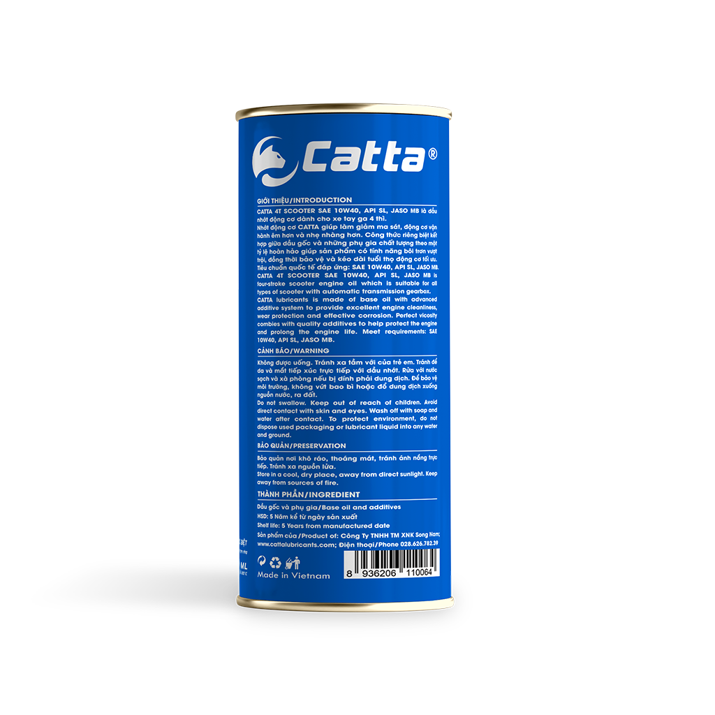 Nhớt xe tay ga CATTA 10W40, SN, Fully Synthetic 800mL - Tặng Nhớt hộp số CATTA Scooter Gear Oil 80W140, API GL5