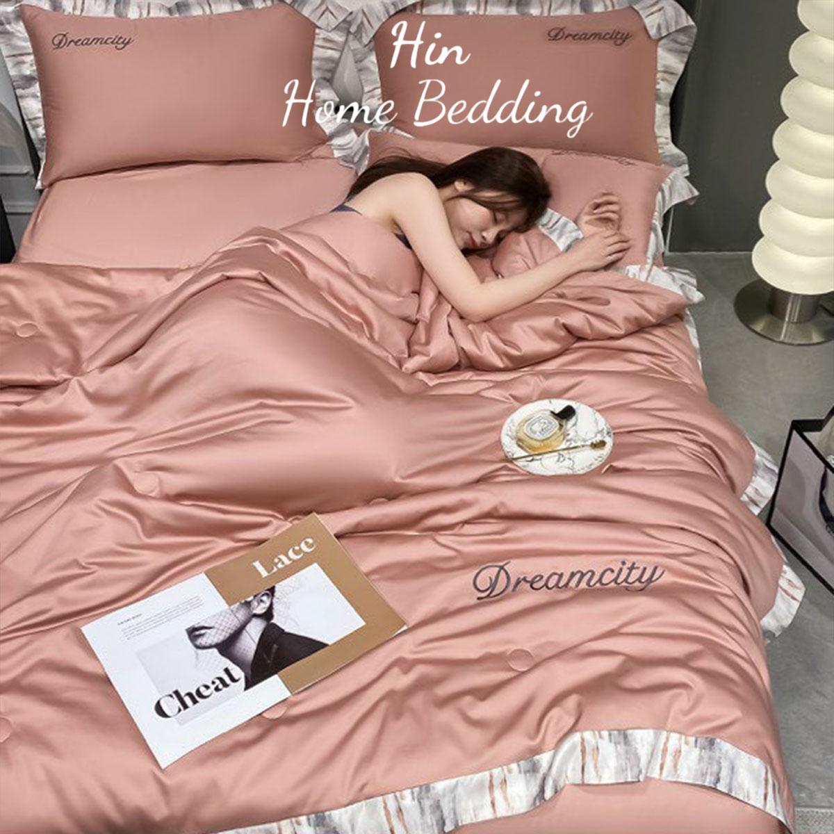 Bộ Chăn Ga Gối Đệm 5 Món Chăn Bông Hin Home Bedding Drap Giường Lụa Mẫu Hồng