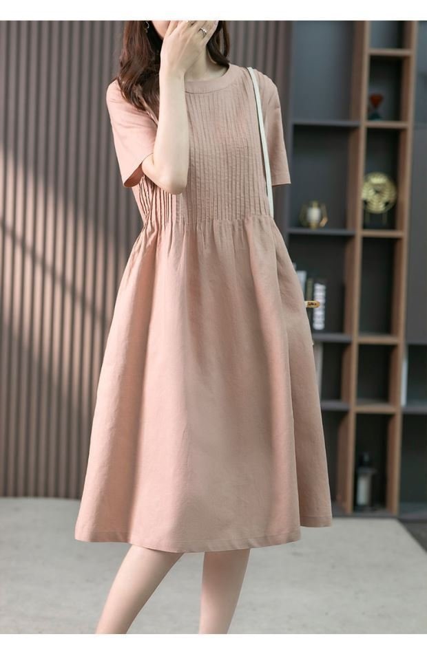 Đầm suông linen nữ cổ tròn ngắn tay, thiết kế xếp ly trước độc đáo, thời trang nữ cao cấp NH195