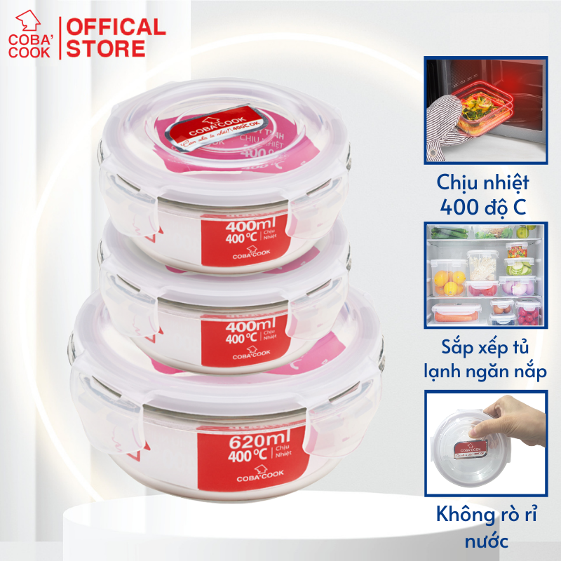 Bộ 3 hộp thủy tinh trữ thực phẩm chịu nhiệt 1 hộp tròn 620ml 2 hộp tròn 400ml COBA'COOK-CCR6R43