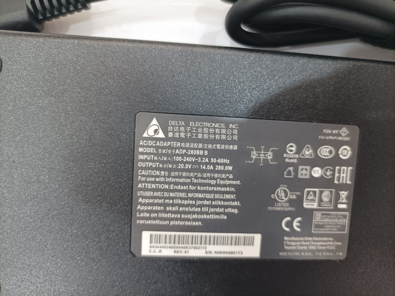 Sạc dành cho Laptop MSI GE66 Raider 10SFS/RTX 2070 SUPER A18-280P1A Chicony 280W AC Adapter Type USB 3-prong hàng nhập khẩu