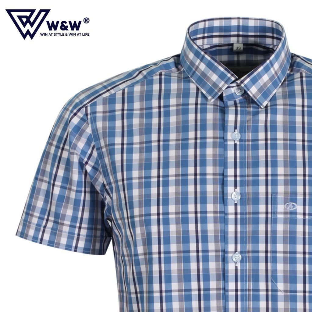 Áo Sơ Mi Nam W&amp;W Dáng Slim Fit Cổ Đức Tay Cộc Hoạ Tiết Kẻ, Chất Liệu Thấm Hút, Mềm Mịn Cao Cấp WSS203