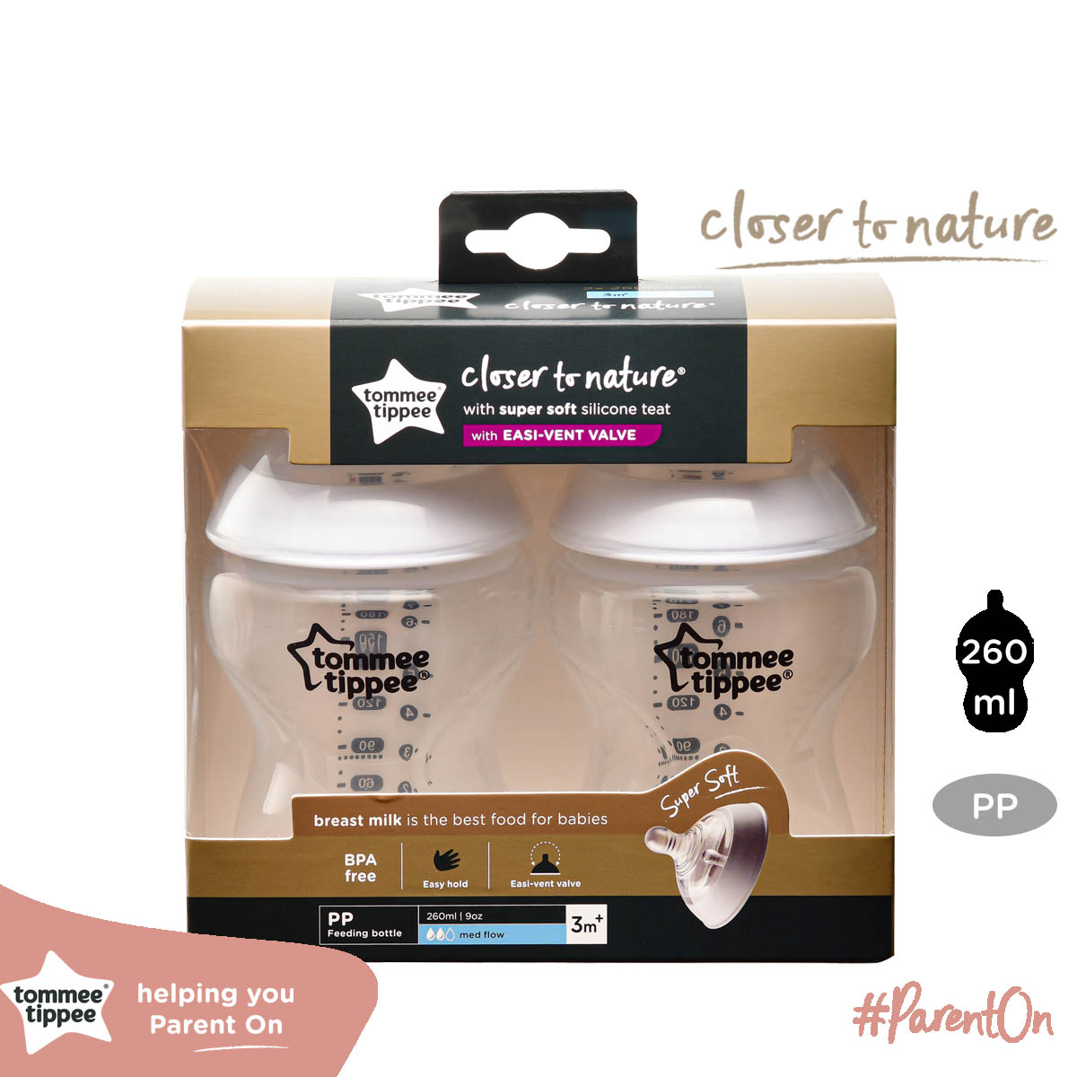 Bình sữa ty siêu mềm tự nhiên Tommee Tippee Closer to Nature 260ml, núm ty đi kèm 3-6 tháng (bình đôi)