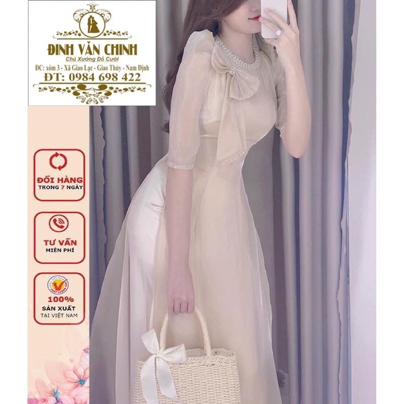 Áo dài tơ sống lót lụa cao cấp với thiết kế nơ nhẹ nhàng