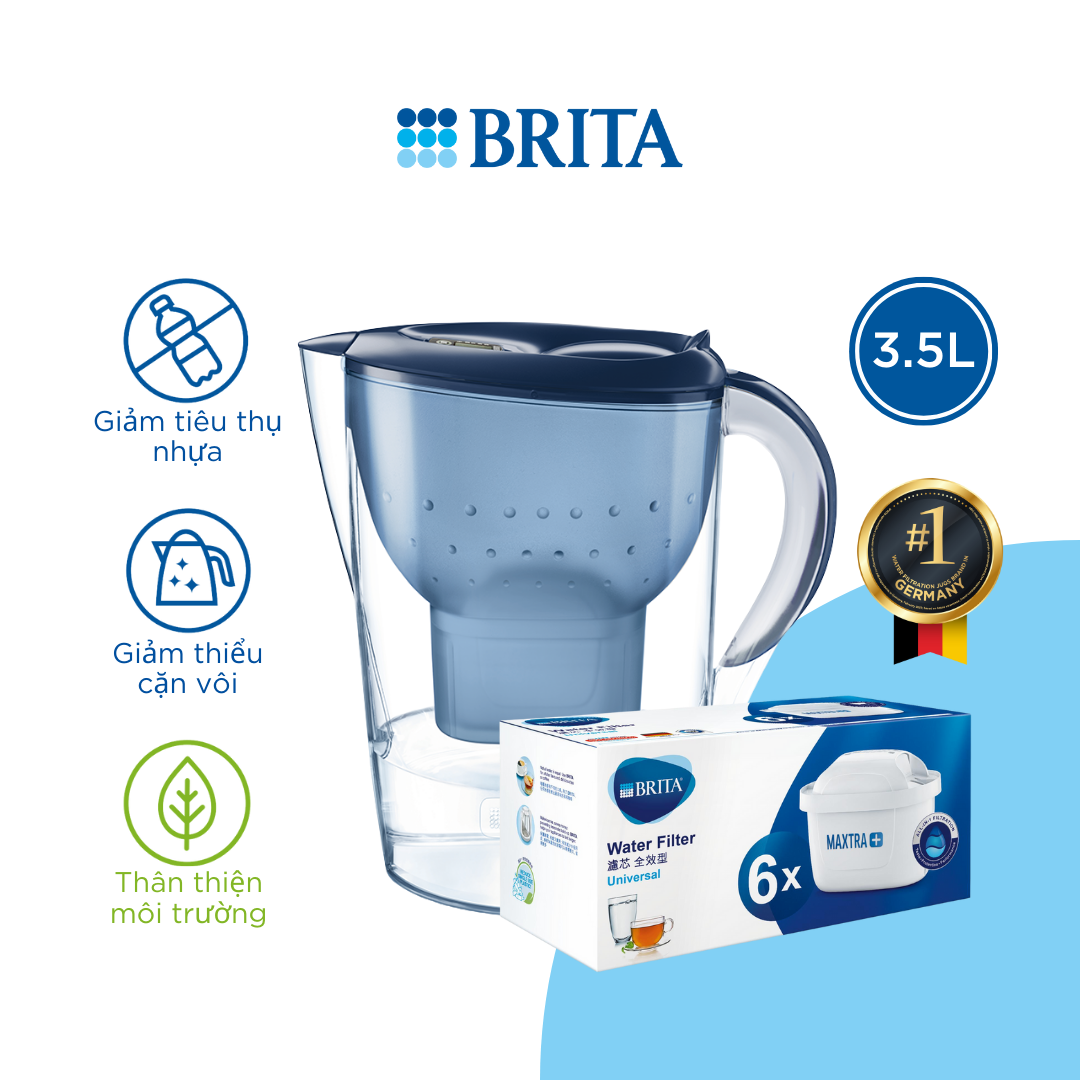 Combo Bình Lọc Nước BRITA Marella XL 3.5L kèm Hộp 6 lõi lọc BRITA Maxtra Plus - Hàng Chính Hãng