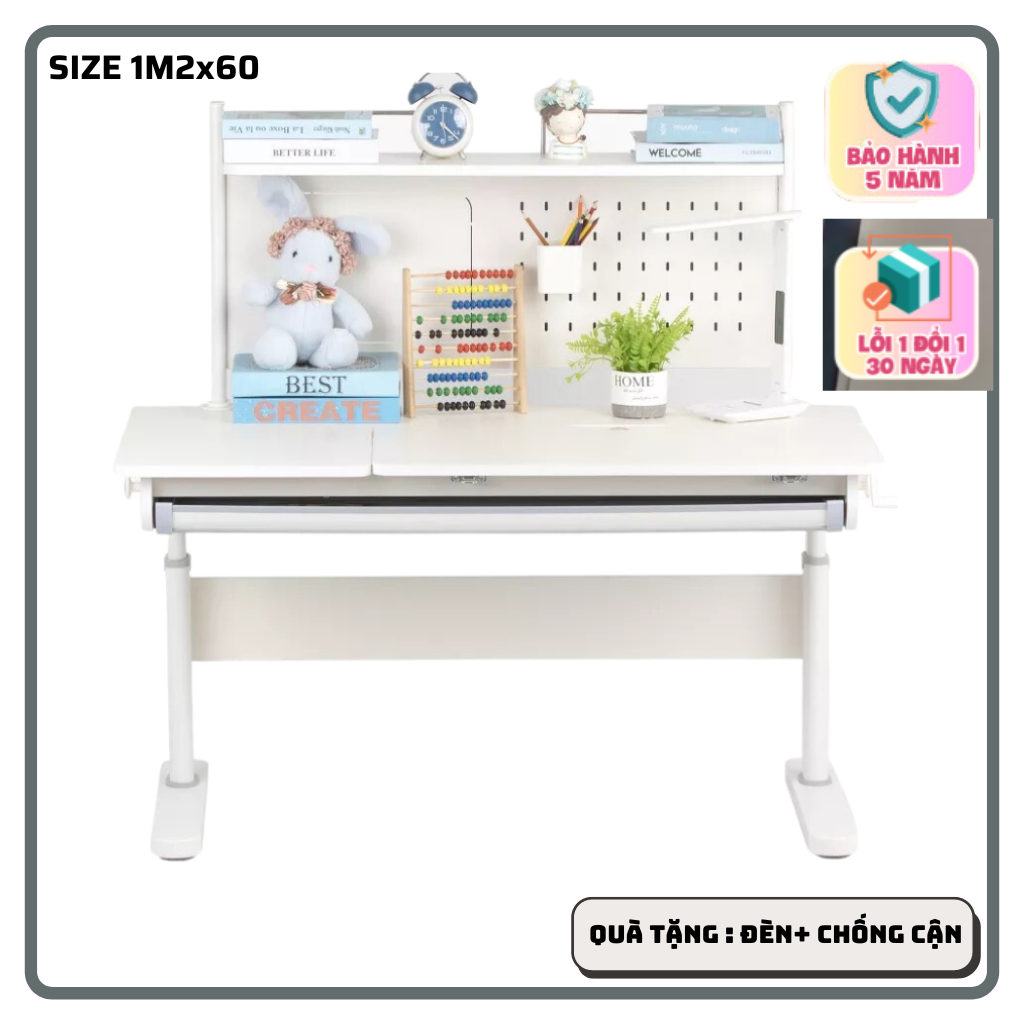 Bàn học sinh chống gù F01 120cm mới ,điều chỉnh 4 chiều, thiết kế tay quay nâng hạ , kèm bộ quà tặng