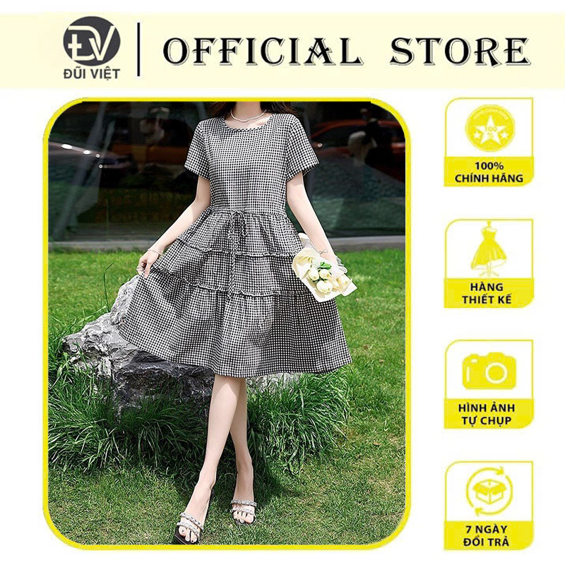 Đầm xòe Đũi Việt ngắn tay kẻ sọc caro thời trang cho nữ, phong cách thanh lịch DV211