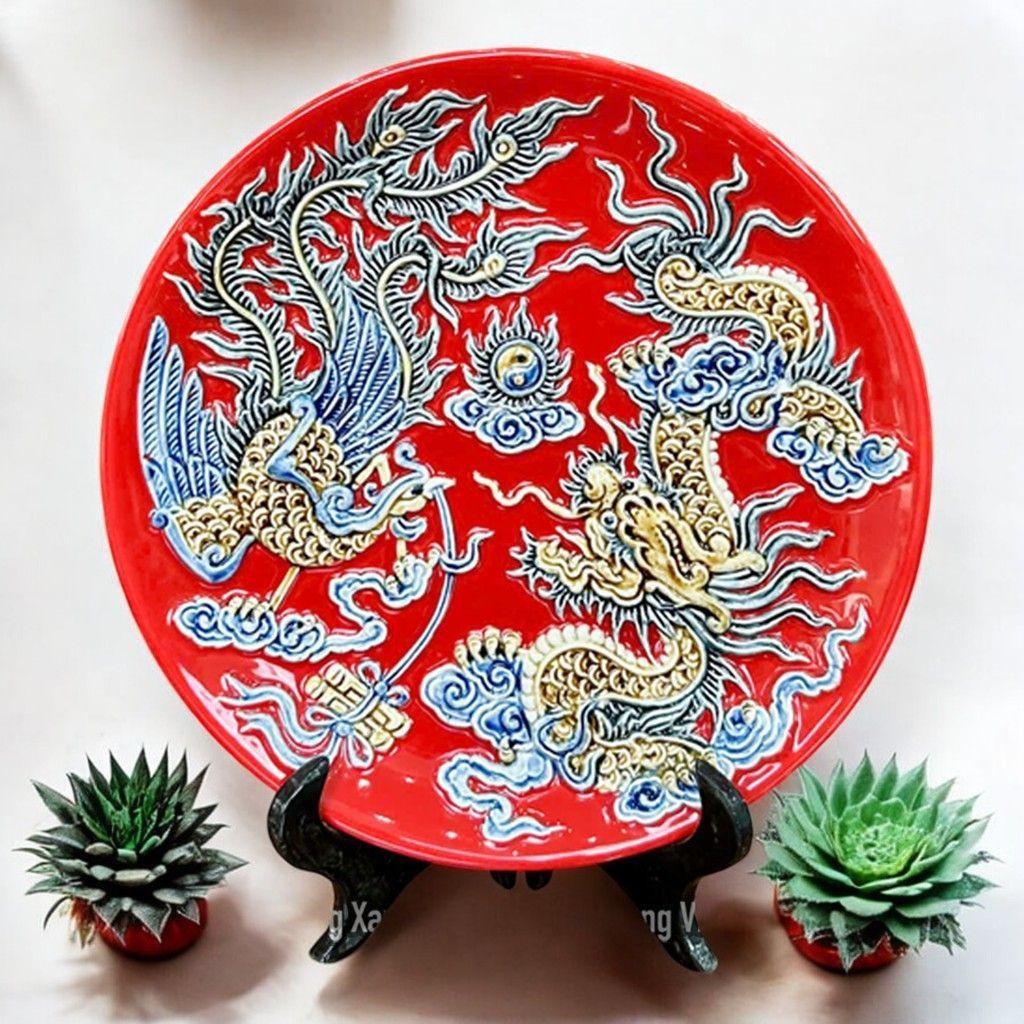 Mâm Bồng Đĩa Cúng Trái Cây Gốm Sứ RỒNG VIỆT Men Đỏ Bát Tràng Cao Cấp Trang Trí Bàn Thờ Đẹp