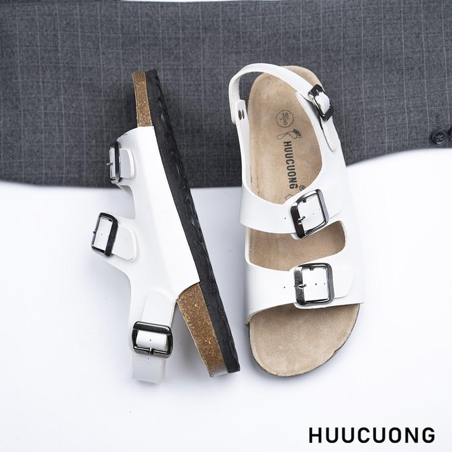 Giày Sandal nữ HuuCuong 2 khóa trắng đế trấu handmade