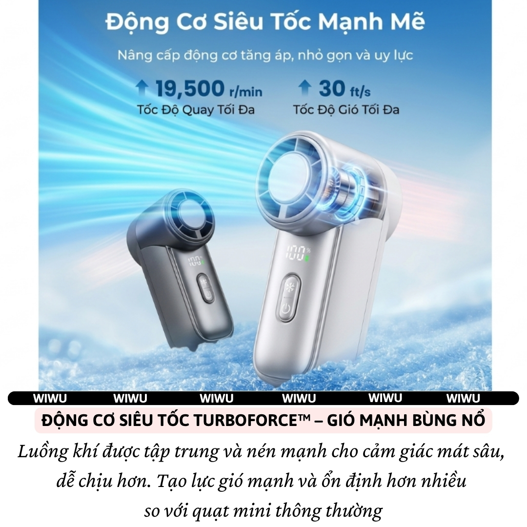 Quạt Cầm Tay Sò Lạnh TurboForce siêu tốc 5 Cấp Độ Gió, Peltier Làm Mát, Pin 3000mAh, Màn Hình LED WIWU FS-018 Pin sạc - Làm mát tức thì – Gió siêu mạnh – Nhỏ gọn tiện mang theo - Hàng nhập khẩu