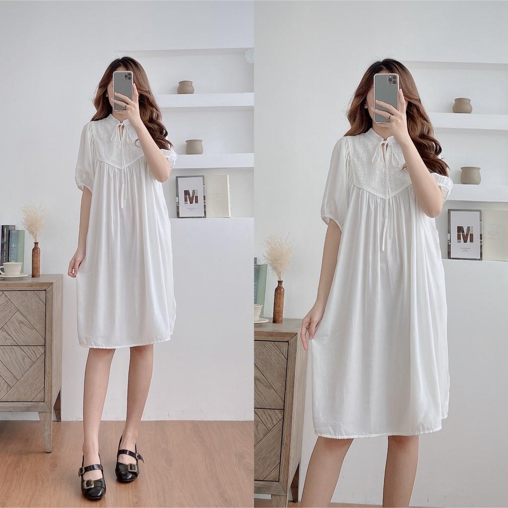 Váy dáng suông, ngực ren buộc nơ, đầm xuông bầu rộng freesize, tay, 2 màu mã V172 - Michi's House