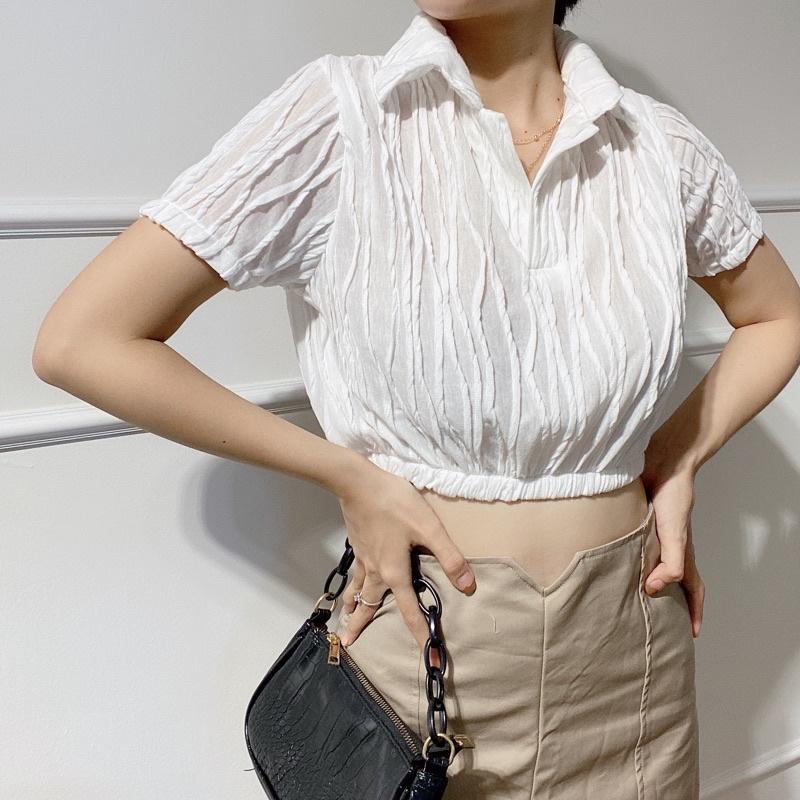 Áo thun lưới croptop xẻ trụ trắng đen- AUDREY STUDIO