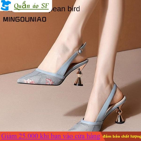 Closed Toe Chunky Heel Sandals Women's New Women's Shoes Pointed Toe Shallow Mouth Mid Heel Back Open Shoes All-Matching High Heels wXzD