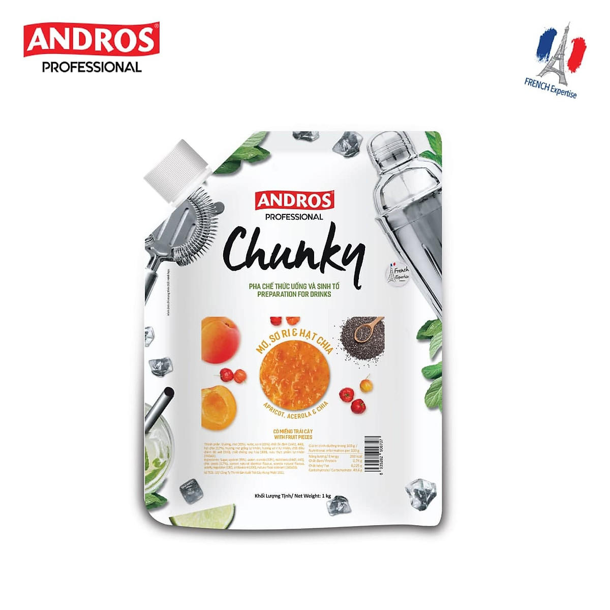 Mứt Trái Cây Pha Chế Mơ, Sơ Ri & Hạt Chia - Có Miếng Trái Cây Thật - ANDROS CHUNKY - 1KG
