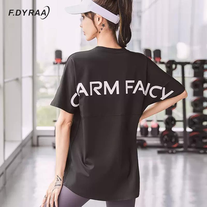 F. DYRAA Nữ Áo Thun Thể Thao Cổ Tròn Dáng Rộng Áo Sơ Mi Lưng In Chữ Thể Thao Áo Tập Chạy Tee Color: Orange Size: XL