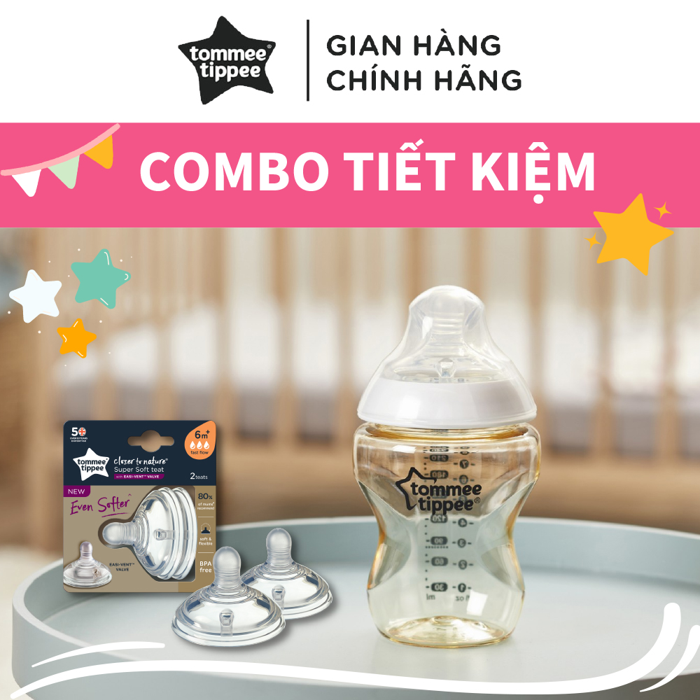 COMBO bình sữa PPSU ty siêu mềm tự nhiên Tommee Tippee Closer to Nature 260ml &amp; Núm ty silicon thay thế 6M+