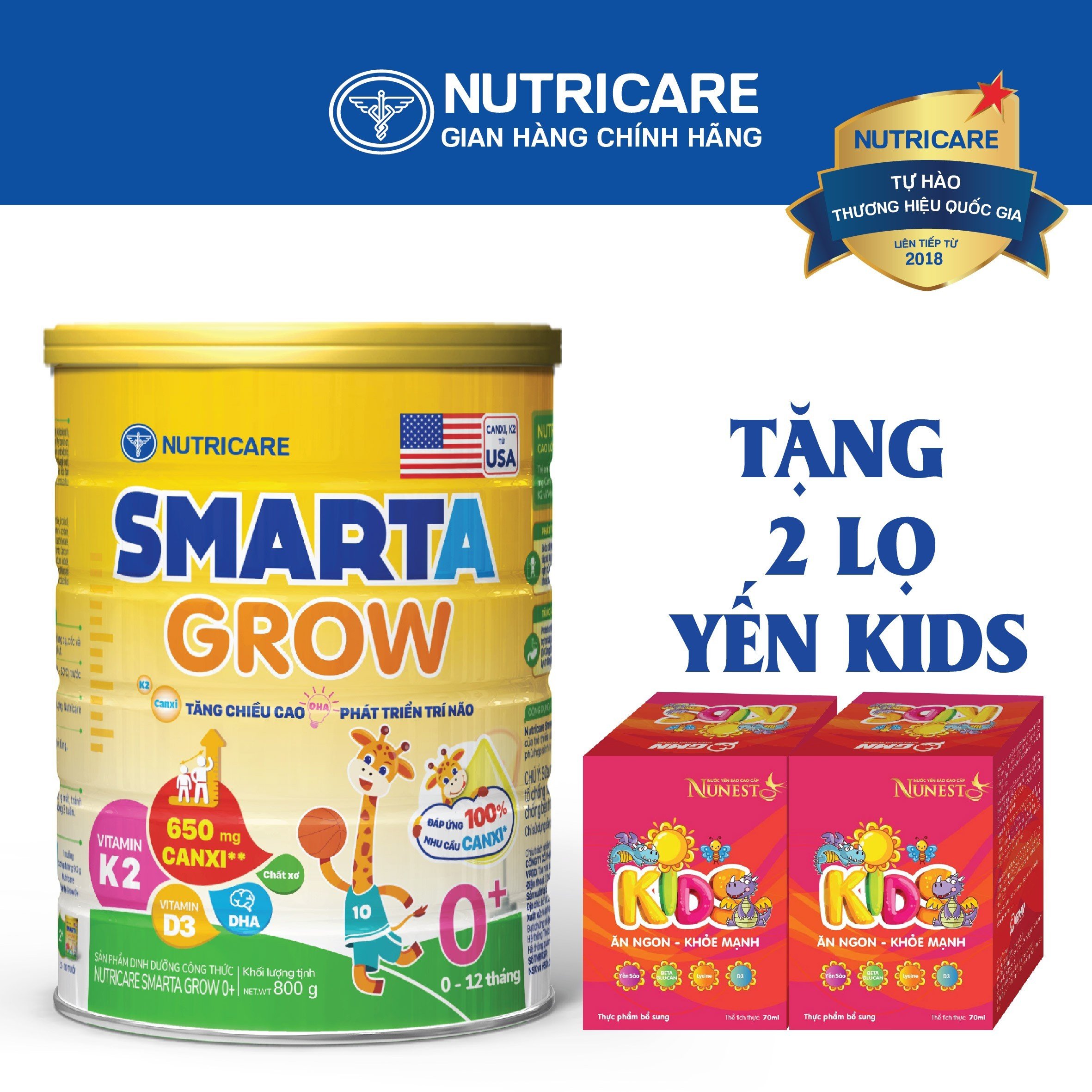 [Tặng 2 lọ yến] Sữa bột Nutricare Smarta Grow 0+ dinh dưỡng cho trẻ thấp còi 800g