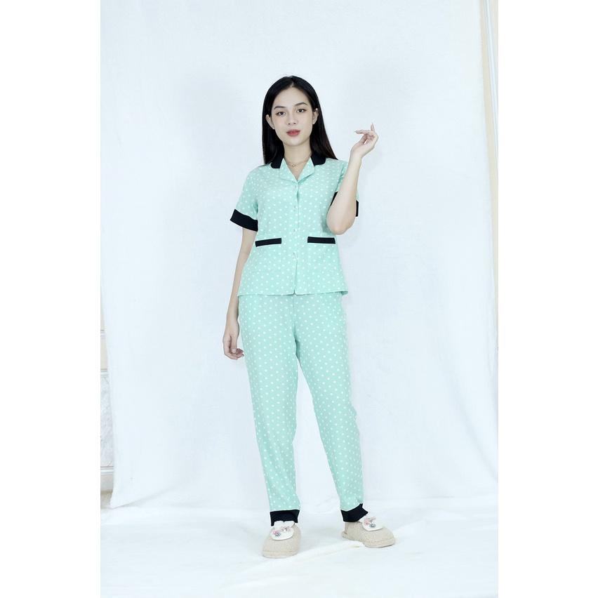 Bộ đồ bộ Pijama CHẤM BI XANH NGỌC PHA CỔ CỰC XINH vải siêu lụa