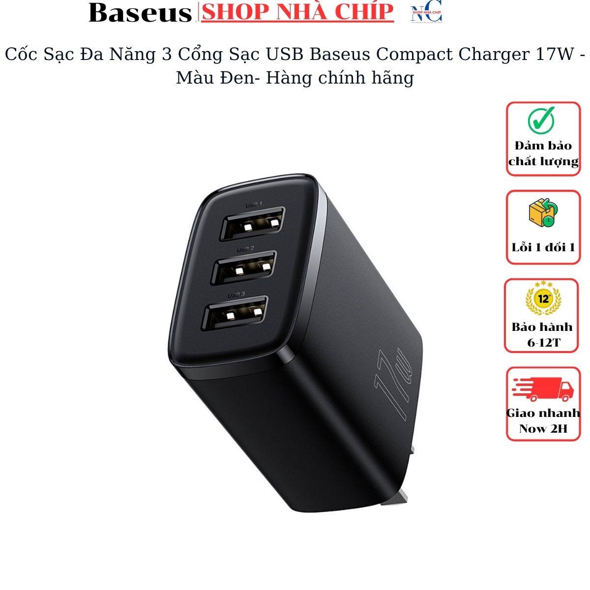 Cốc Sạc Đa Năng 3 Cổng Sạc Baseus Compact Charger 17W - Hàng chính hãng