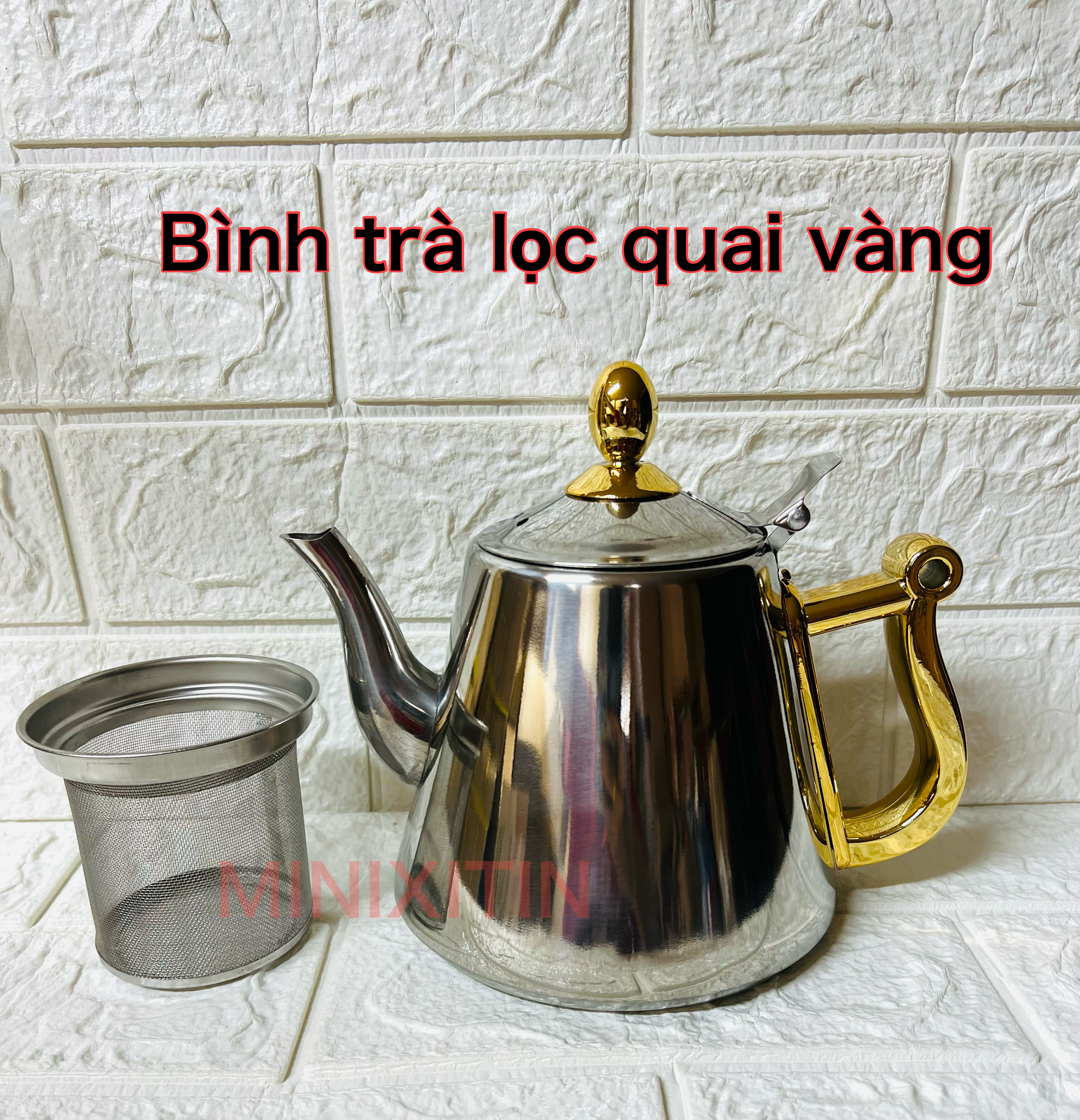 Bình trà inox có lọc quai vàng