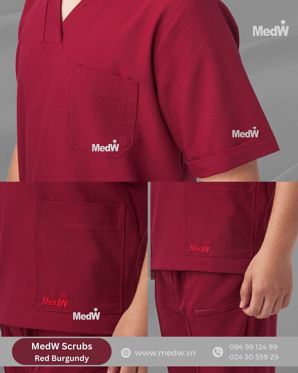 MedW Apollo Scrubs Y Tế Red Burgundy (Nam) Đỏ Rượu Vang Bộ Trang Phục Bác Sĩ Điều Dưỡng Vật Liệu Cotton Nhật Không Bám Dính, Xếp Ly Không Nhăn, Dáng Suông Vận Động Tự Do, Không Phản Quang Khi Quay Video Hình Ảnh. MedW Thêu Tên Logo Thương Hiệu