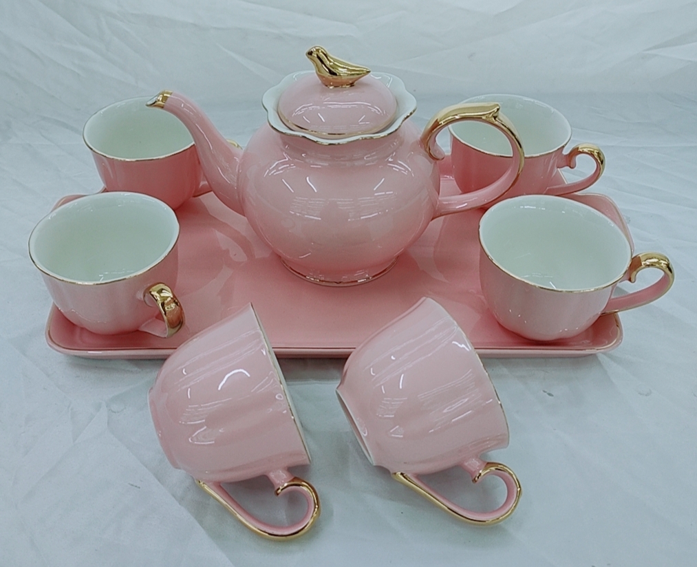 BỘ ẤM CHÉN SỨ XƯƠNG KÈM KHAY MÀU HỒNG