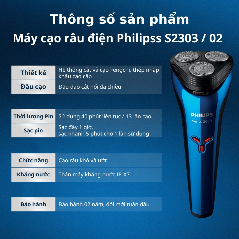 Máy cạo râu điện Philips S2303 Hệ thống cắt và cạo Fengchi tích hợp sạc nhanh 5 phút/ 1lần cạo - Hàng nhập khẩu