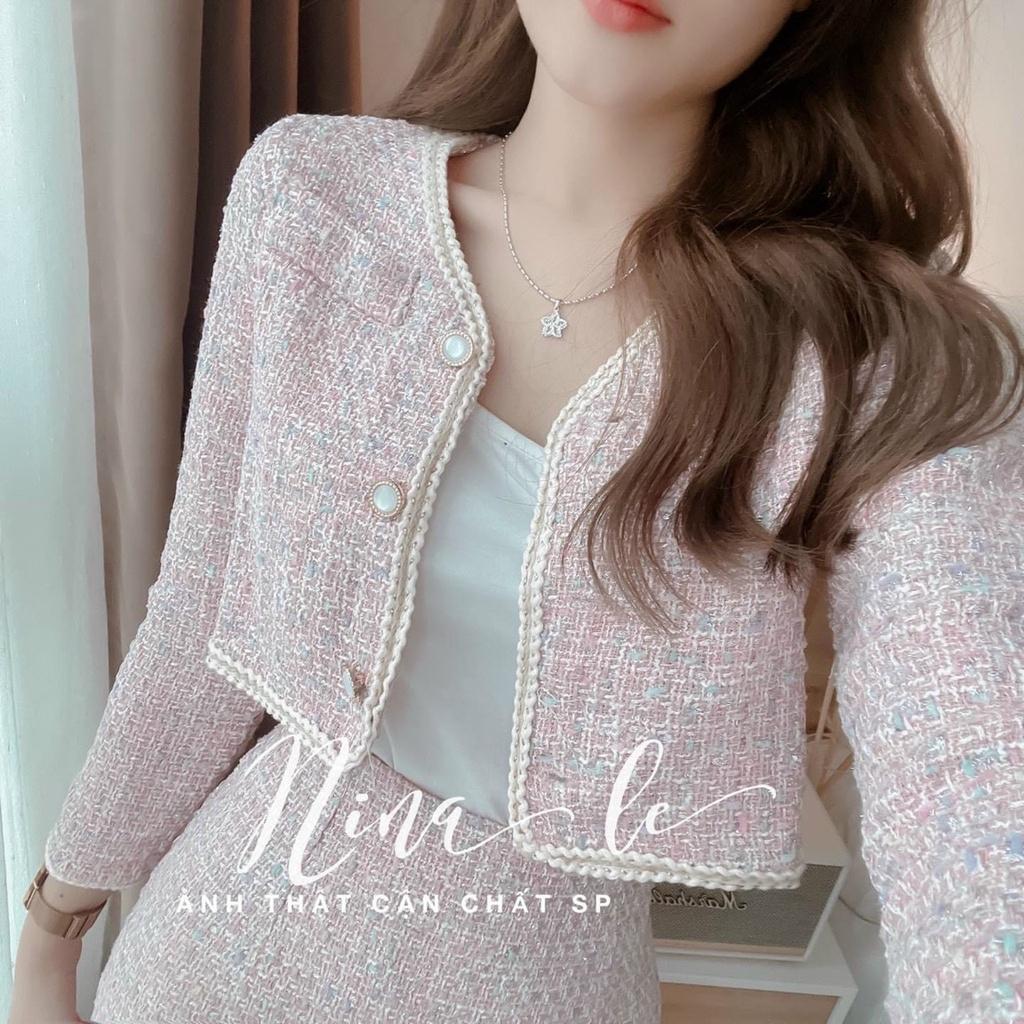 set dạ 3 món hồng áo 2 dây trong kèm khoác crop phối chân váy ngắn mẫu nina lê