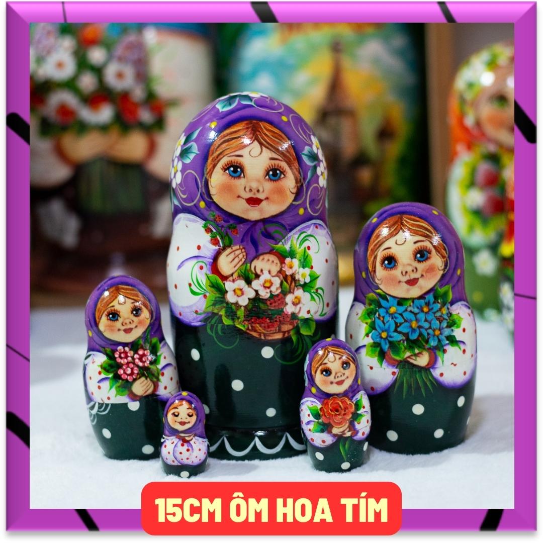 BỘ BÚP BÊ NGA MATRYOSHKA 5 LỚP 15CM "CÔ BÉ OLGA ÔM HOA" MÀU XANH HÀNG LƯU NIỆM NGA CỰC DỄ THƯƠNG