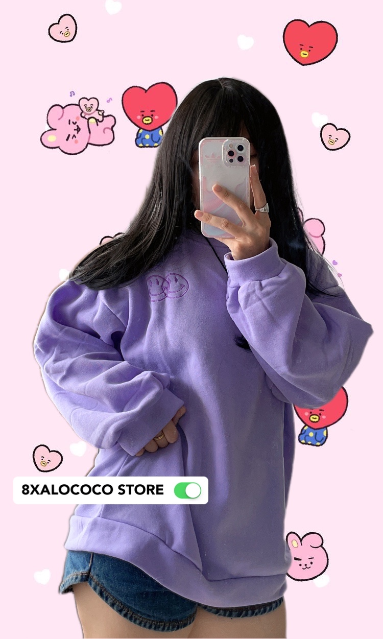 ÁO SWEATER FORM RỘNG MÀU TÍM THÊU MẶT CƯỜI